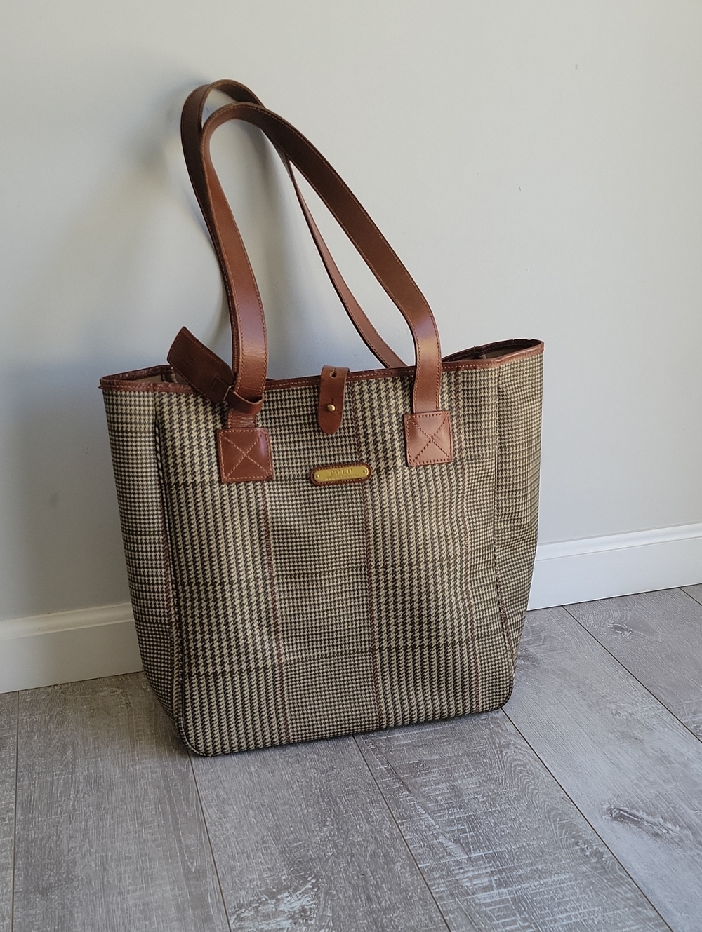 Polo by Ralph Lauren Brown Plaid Messenger Tote with Leather Trim